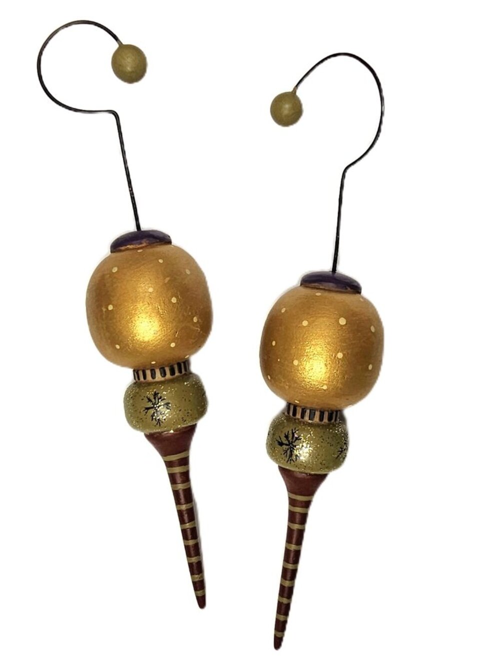 2 Hand Painted Wood Gold Red Striped Snowflake Spindle Finial Christmas Ornament